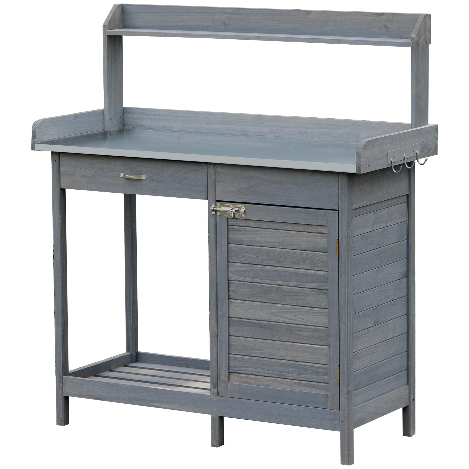 Outsunny Outdoor Potting Bench Table, Garden Work Station With Storage Cabinet, Open Shelf And Steel Tabletop, Gray Gray Wood