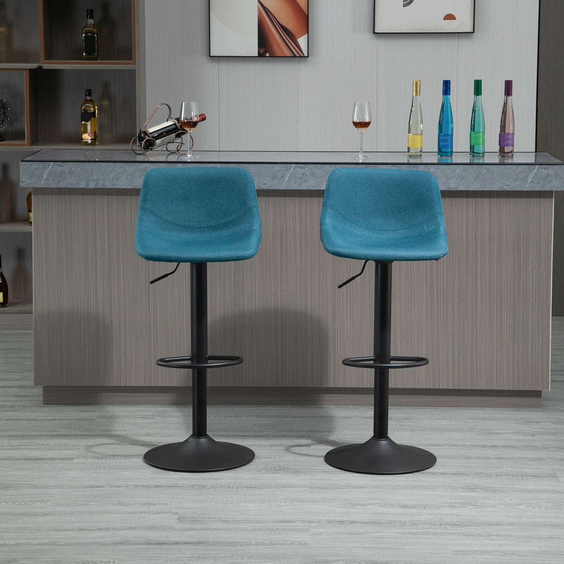 Homcom Adjustable Bar Stools, Swivel Bar Height Chairs Barstools Padded With Back For Kitchen, Counter, And Home Bar, Set Of 2, Blue Blue Metal