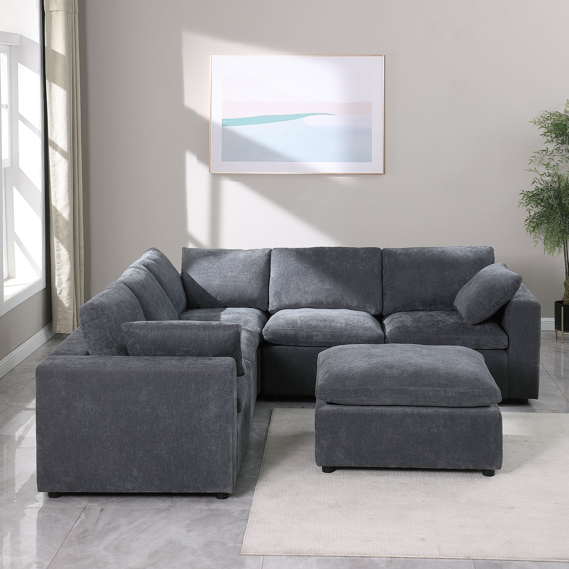 Modular Sectional Sofa, Convertible L Shaped Sofa Couch, Modular Sectionals With Ottomans, 6 Seat Sofa Couch With Reversible Chaise For Living Room. Chenille Grey Grey Chenille Fabric 6 Seat