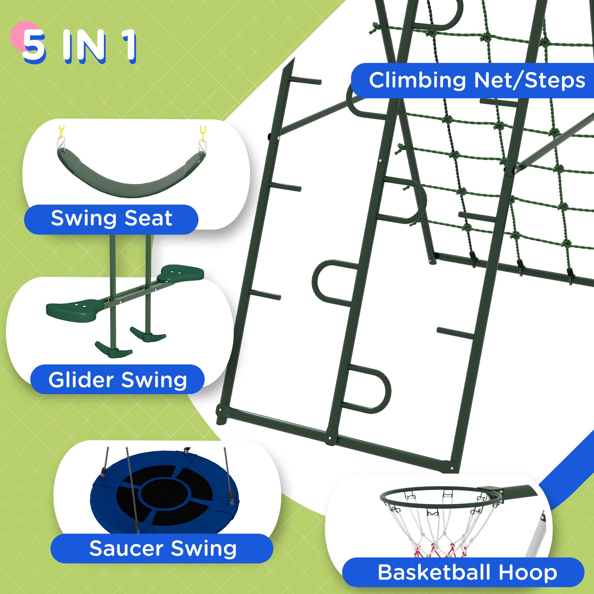 Outsunny 528 Lbs Swing Set For Backyard, 5 In 1 Heavy Duty A Frame Stand Outdoor Playset For Kids, With Saucer Swing, Slide, Swing Seats, Glider, Basketball Hoop, Climbing Steps And Net Green Steel