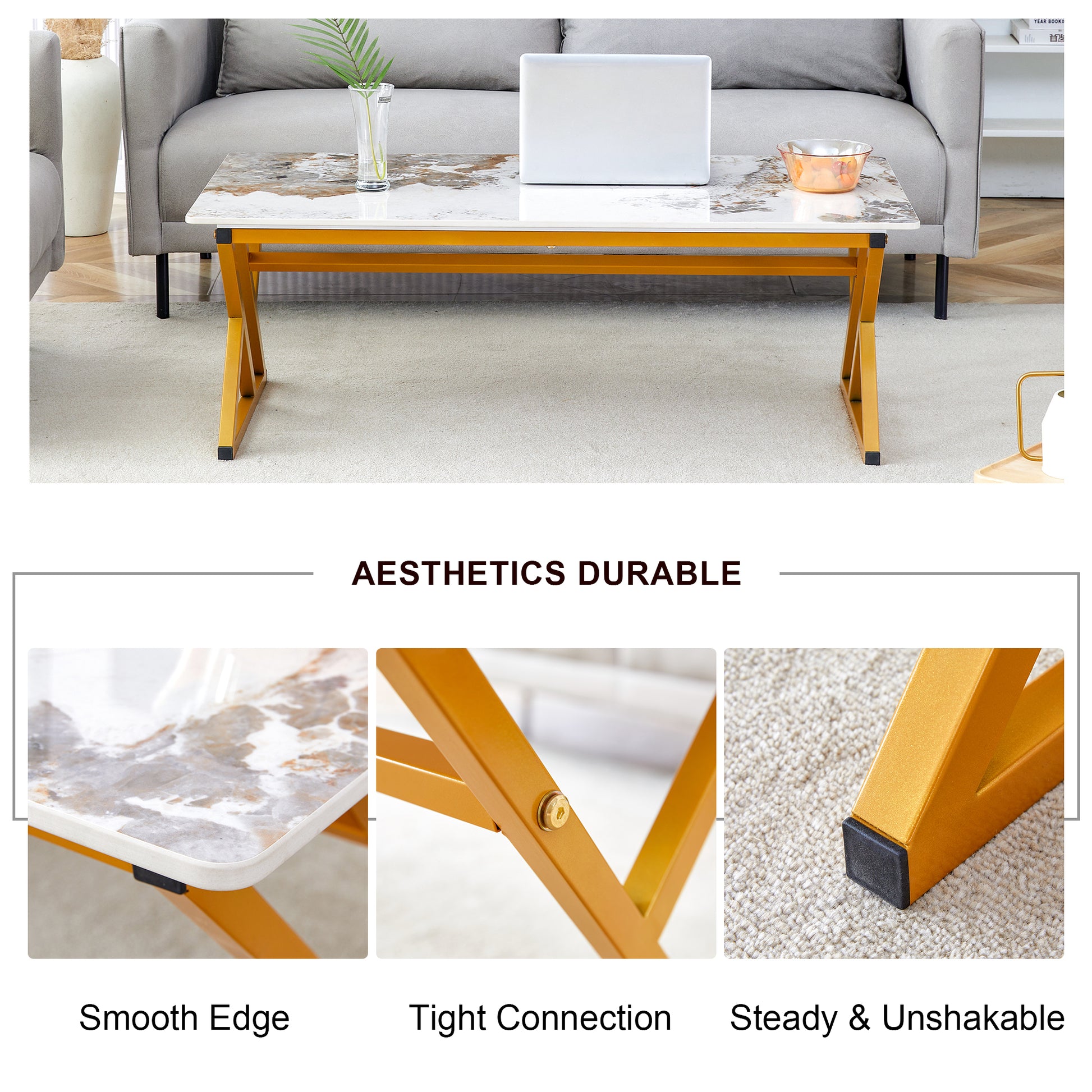 A Modern Minimalist Style Marble Patterned Coffee Table With Golden Metal Legs. Computer Desk. Game Table. Tea Table. Ct Xx Gold Sintered Stone