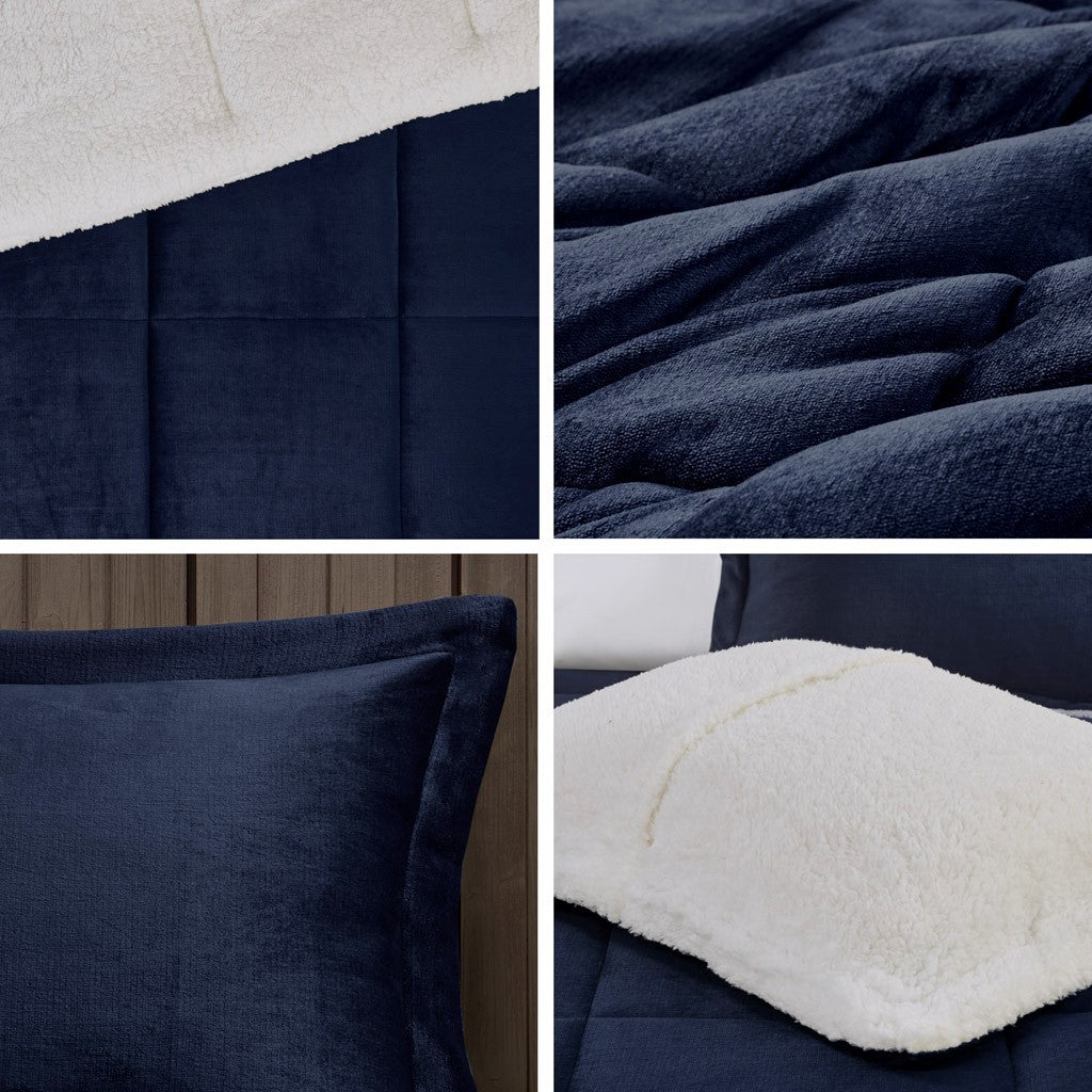 Plush To Sherpa Down Alternative Comforter Set King Navy Ivory Polyester