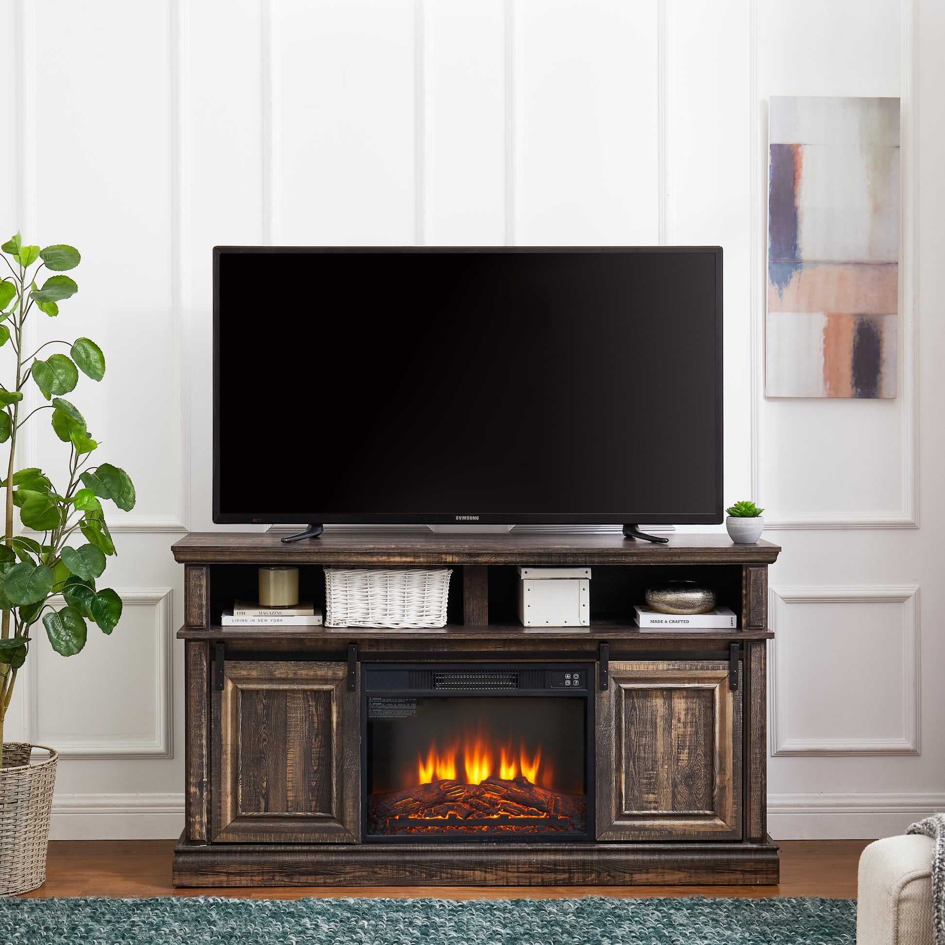 Modern Entertainment Console Tv Stand With 23" Fireplace Insert, Multipurpose Sliding Door Tv Cabinet Large Storage Space, 58.11"W*15.79"D*32.36"H Antique Brown Antique Brown 60 69 Inches 60 69 Inches 60 Inches Mdf