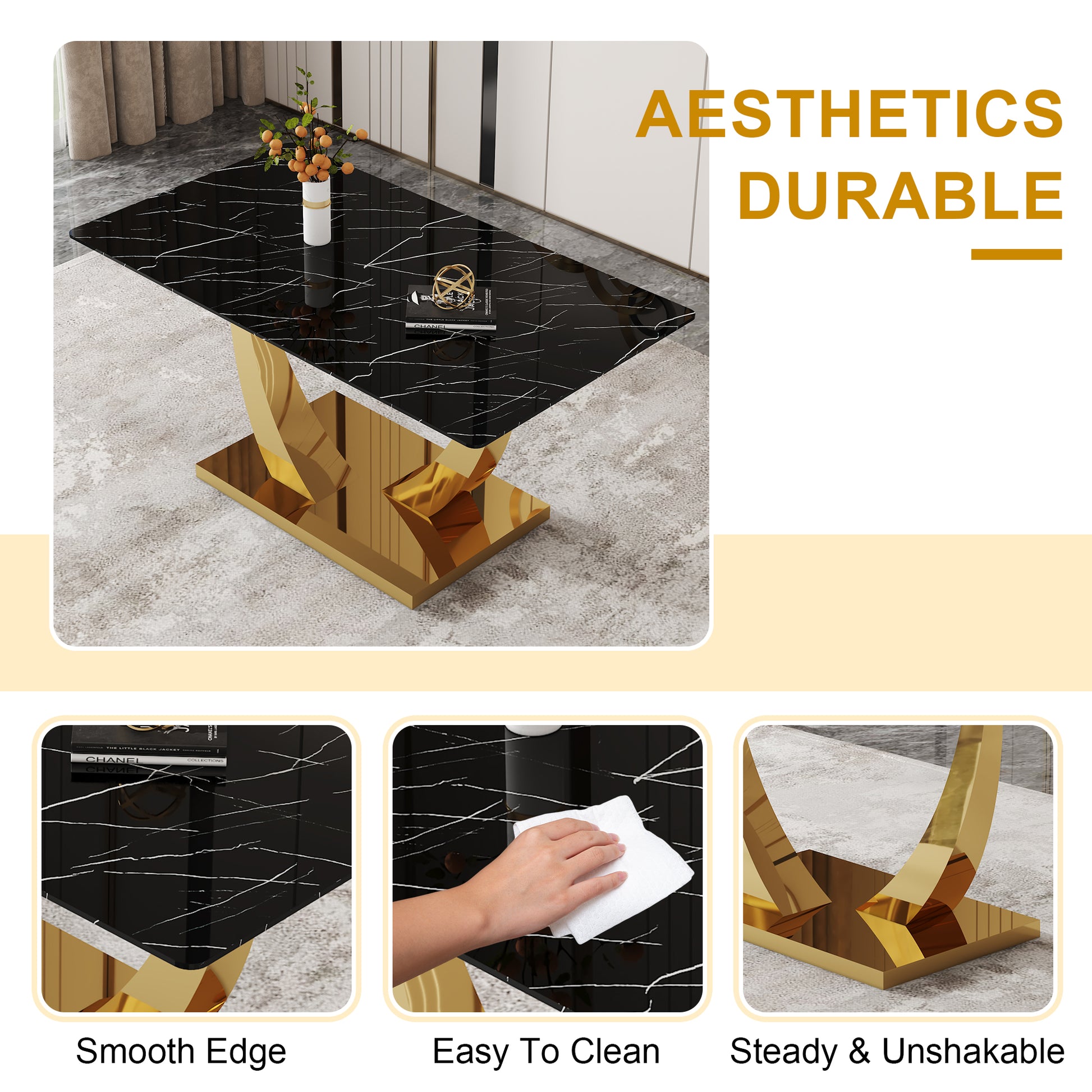 Modern Minimalist Rectangular Glass Dining Table, 0.4 "Thick, Black Sticker Glass Tabletop, Gold Plated Metal Legs. Used In Kitchens, Restaurants, And Living Rooms 63"*35.4"*30" F 1548 Black Gold