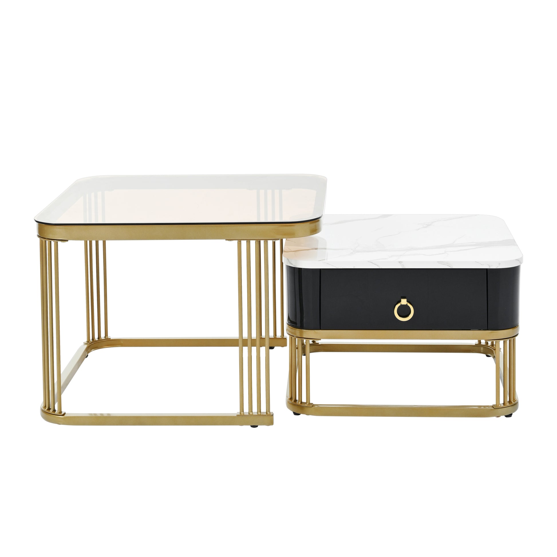 Nesting Coffee Table With Drawer, Set Of 2, Exquisite Square Stacking Coffee Tables With Brown Tempered Glass, Side Table With High Gloss Marble Grain Tabletop For Living Room, Black Black Gold Primary Living Space Drawers Square Mdf Steel