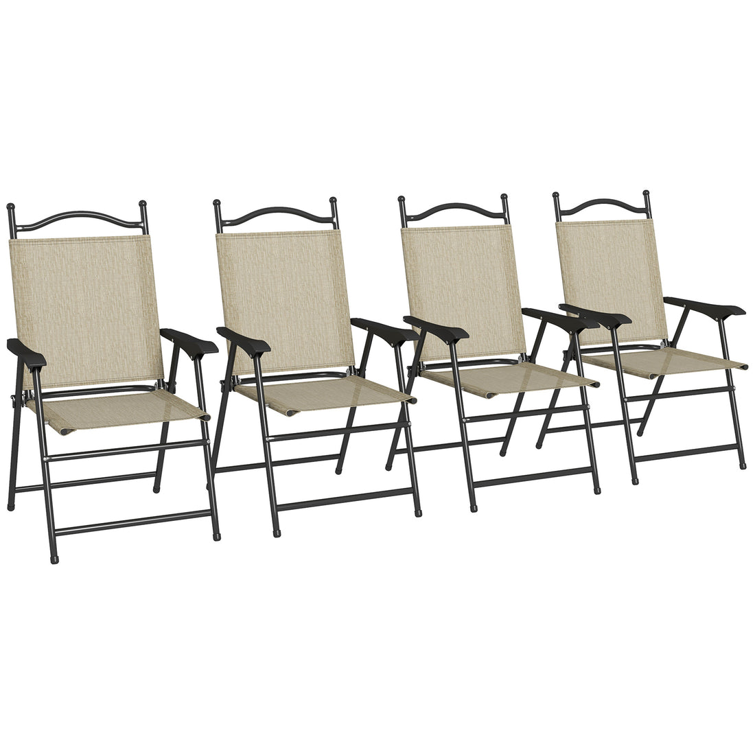 Outsunny Folding Patio Chairs, Set Of 4 Sports Chairs For Adults, Camping Chairs With Armrests,Mesh Fabric Seat For Lawn, Beige Beige Metal