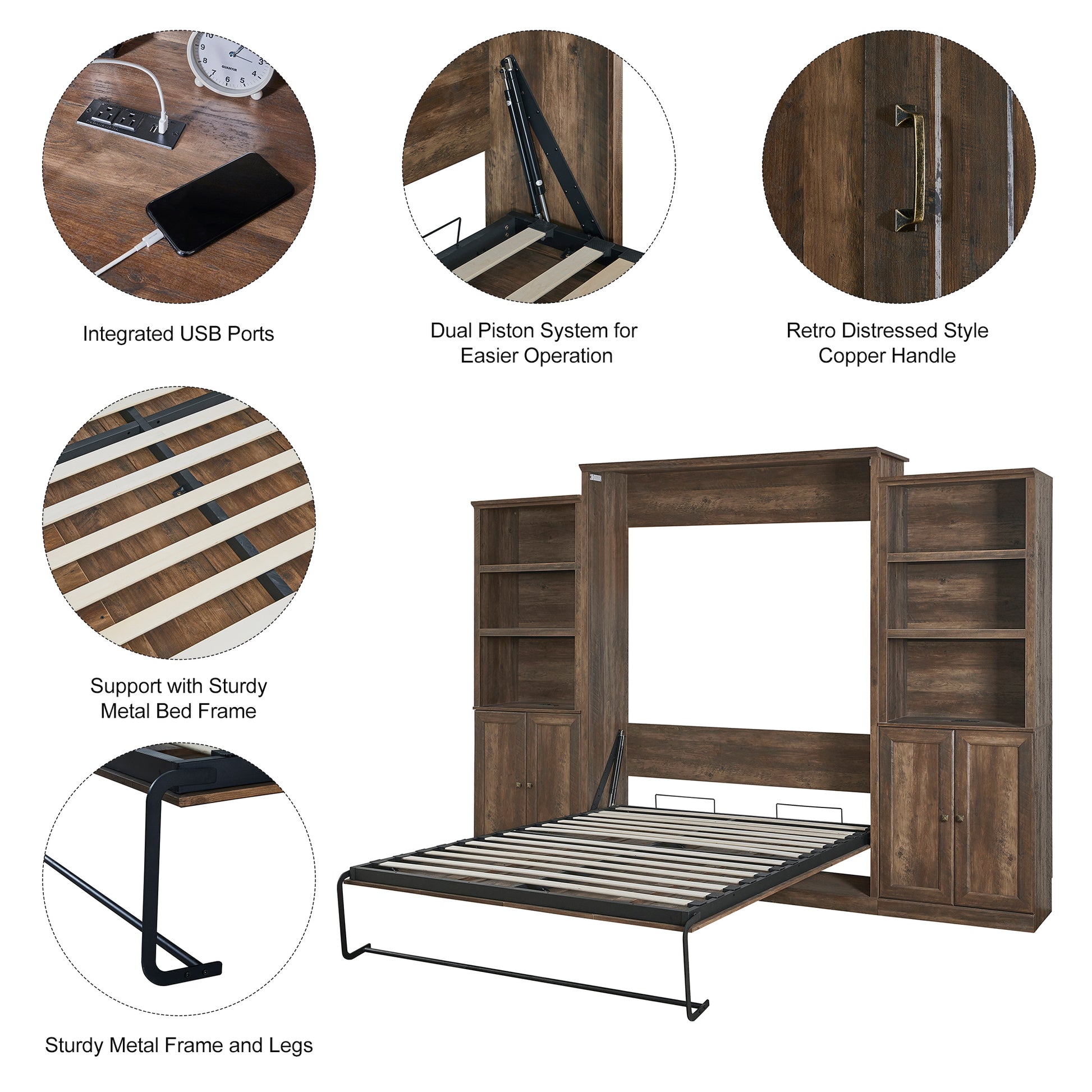 Queen Size Half Self Close And Open Murphy Bed With 2 Side Cabinet Storage Shelf, Cabinet Space Saving Bed Perfect For Guest Room, Bed Room, Guest Room, Home Office, Brown Box Spring Not Required Queen Brown Wood Brown Pine Murphy Solid Wood Mdf