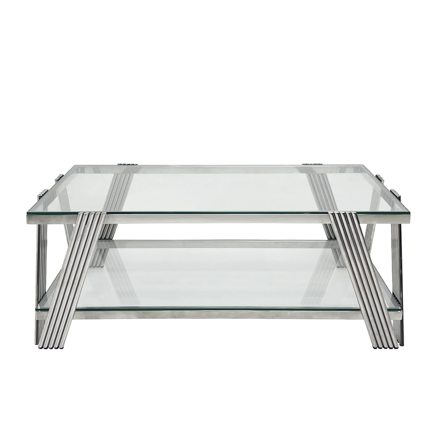 Silver Stainless Steel Double Layer Clear Tempered Glass Coffee Table For Bed Room, Living Room Clear,Silver Modern Rectangular Stainless Steel,Tempered Glass