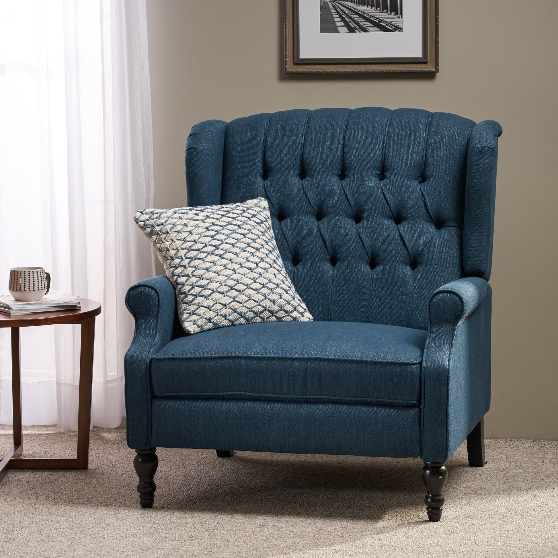 One And Half Seater Recliner Navy Blue Fabric