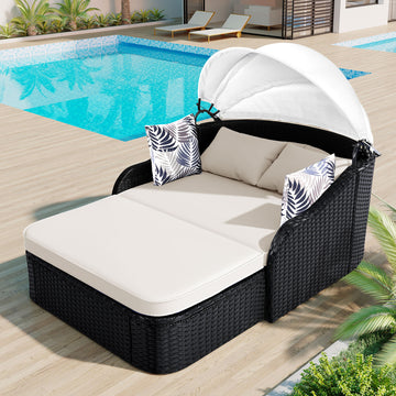 79.9" Outdoor Sunbed With Adjustable Canopy, Double Lounge, Pe Rattan Daybed, Black Wicker And Beige Cushion Yes Beige Black Wicker