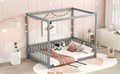 Full Size Canopy Frame Floor Bed With Fence, Guardrails,Grey Full Grey American Design Pine