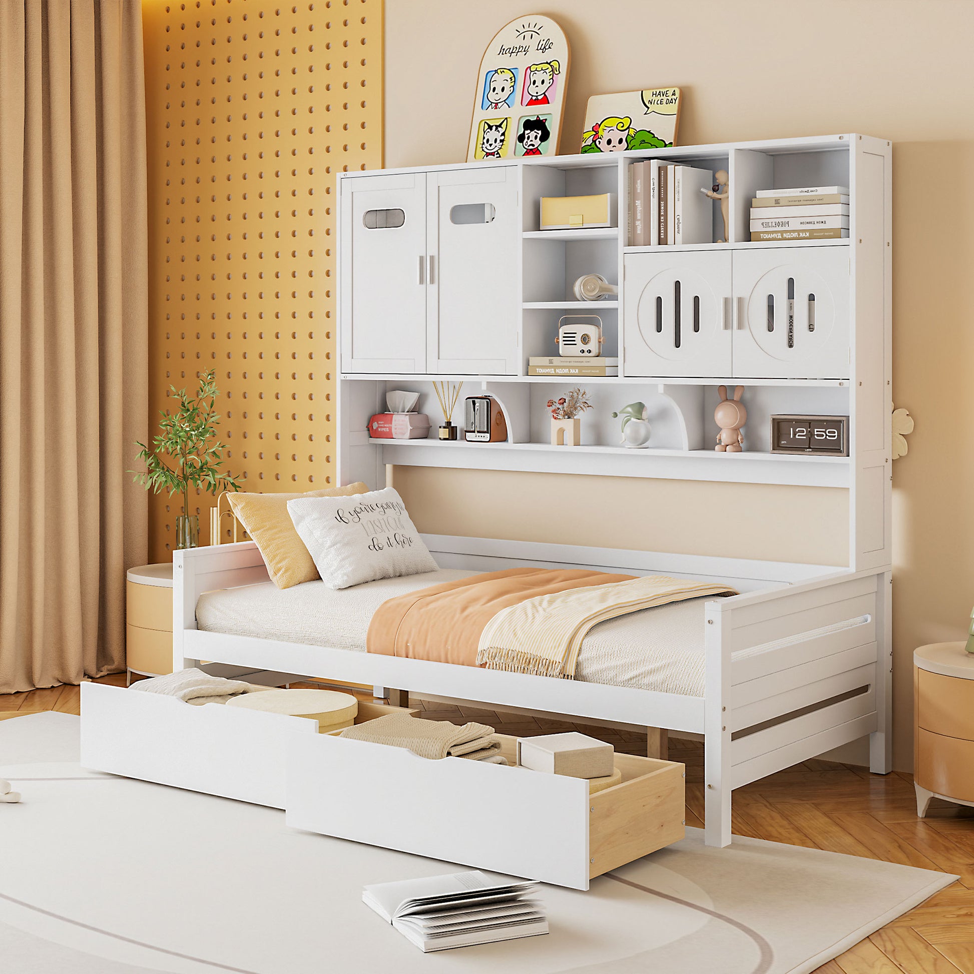 Twin Size Wooden Daybed With 2 Drawers, And All In One Cabinet And Shelf, White Twin White Wood