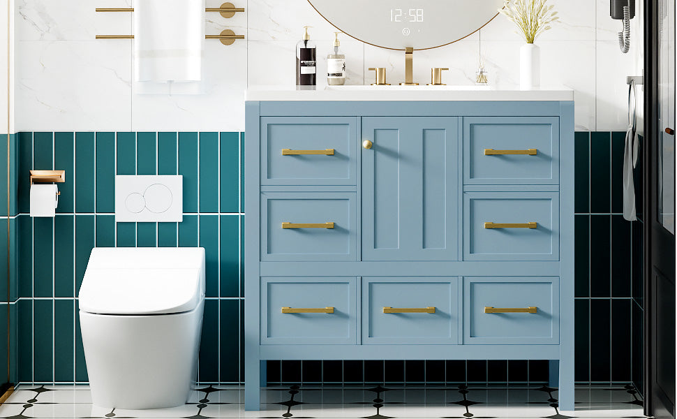 36'' Bathroom Vanity With Resin Sink Combo, Solid Wood Frame Bathroom Storage Cabinet, Freestanding Vanity Set With 5 Drawers& Soft Closing Doors Same As N710S136002M Blue Bathroom Solid Wood Mdf Resin