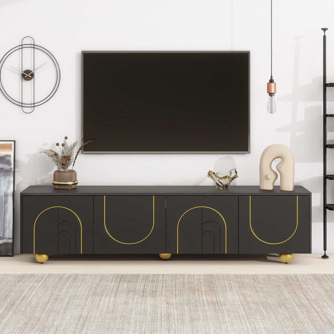 Modern Tv Stand For Tvs Up To 75 Inches, Entertainment Center With Storage Cabinets And 1 Adjustable Shelf, Media Console With Marble Patterned Top And Golden Round Metal Legs For Living Room Black 70 79 Inches Mdf