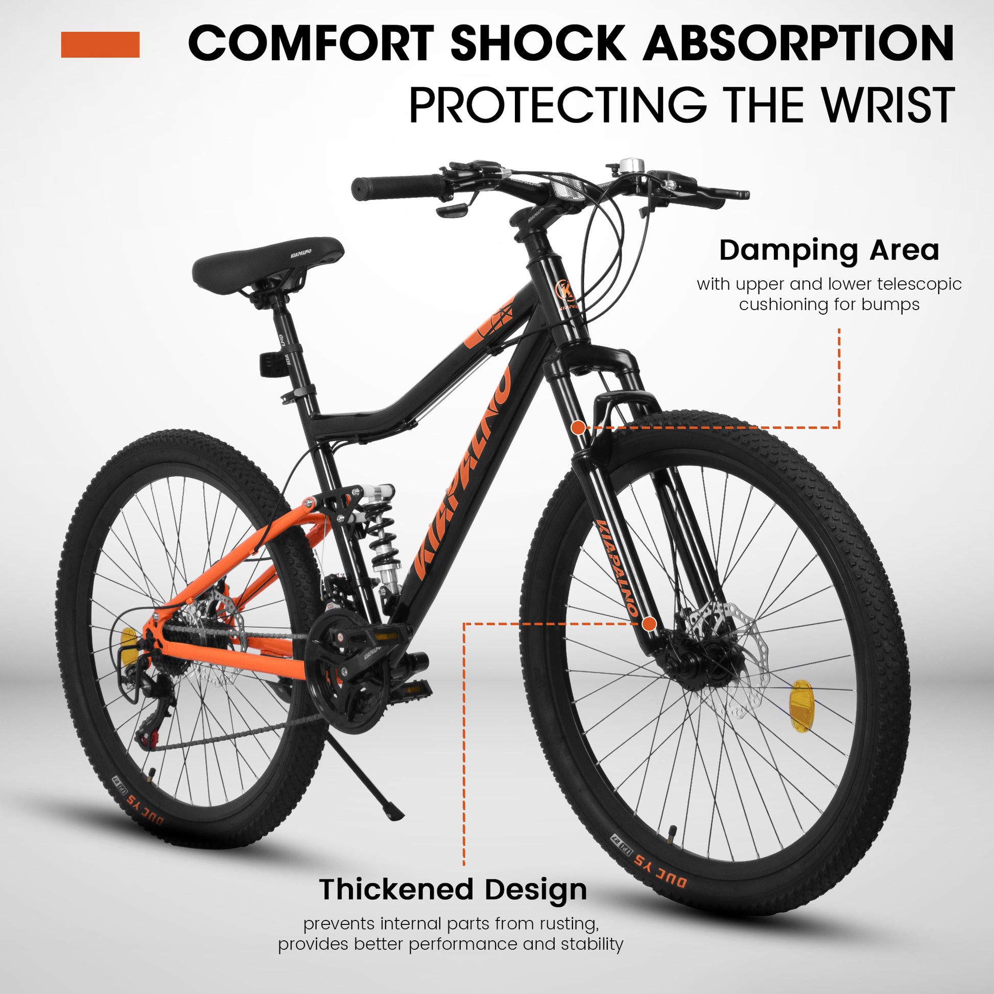 A26336 26 Inch Aluminum Frame Shock Fork Plus Shock Absorber 21 Speed Unisex Mountain Bike Black Orange Steel