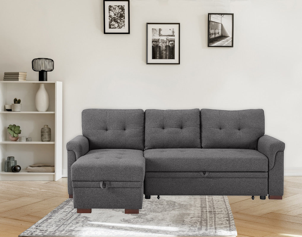 Sierra 84" Dark Gray Linen Reversible Sleeper Sectional Sofa With Storage Chaise Dark Gray Linen