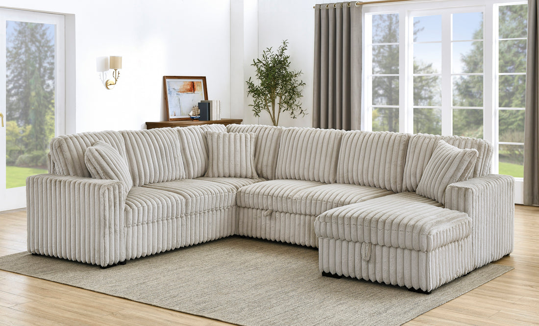 122 Inch Pull Out Couch, Rabbit Plush Fabric Sofa Bed With Usb Ports & Comfy Upholstered, Oversized U Shape Sectional Sleeper Sofa Bed With Storage Chaise, Khaki Light Brown Wood Primary Living Space Medium Duty Eucalyptus 6 Seat Khaki Polyester Soft