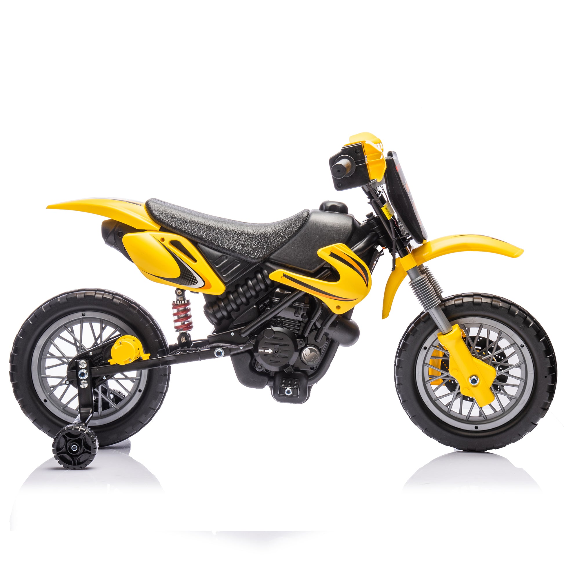 12V Kids Ride On Electric Toy Motorcycle,Rear Suspension,Twist Grip Throttle,Slow Start,Removable Training Wheels,Indie Music Box With Horn And Engine,Simulation Of Dirt Bike Modeling For Kids 3 8. Yellow 50 99 Lbs Polypropylene