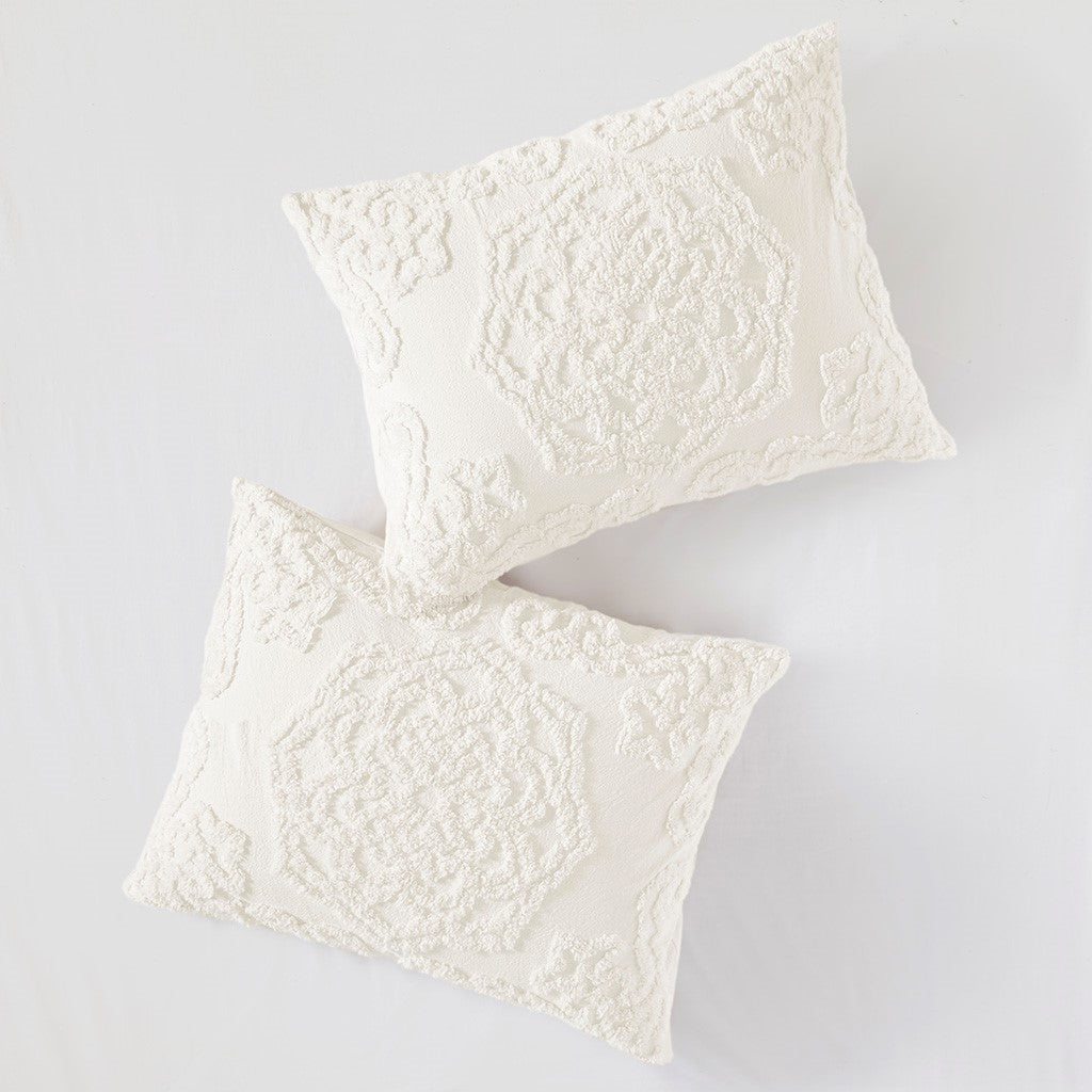Tufted Cotton Chenille Medallion Fringe Coverlet Mini Set Off White Full Queen Full Off White Cotton