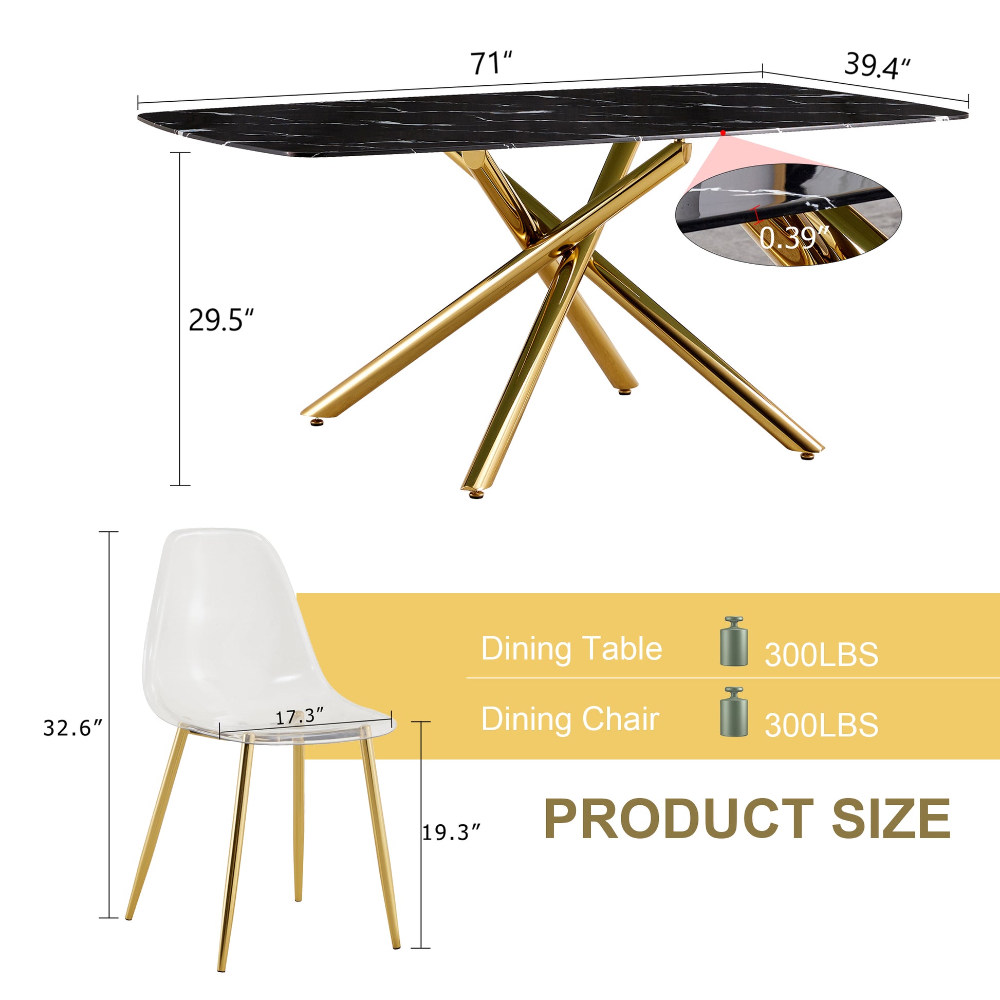 Table And Chair Set.Modern Luxurious Black Marble Patterned Tempered Glass Dining Table Set With 6 Transparent Pp Chairs.Multiple Transparent High Quality Pp Dining Chairs With Golden Legs. Gold