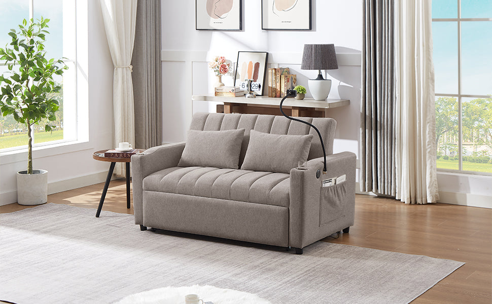 55.9" Convertible Sofa Bed Loveseat Sofa With Three Usb Ports, Two Side Pockets, Two Cup Holders And 360 Swivel Phone Holder For Living Room, Light Grey Light Grey Foam Polyester 2 Seat
