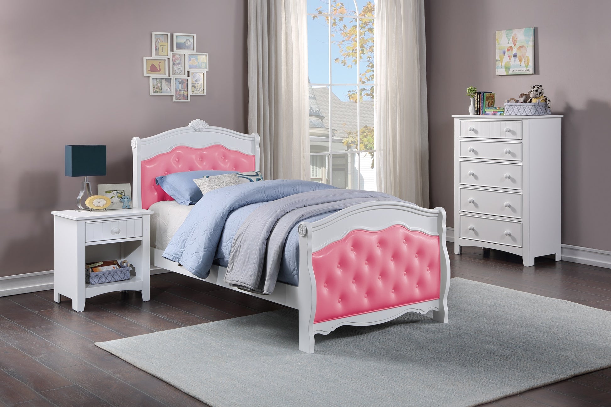 White Full Size Bed Youth Bedroom Furniture Pink Faux Leather Headboard Footboard Plywood 1Pc Bedframe Box Spring Required Full Pink White Wood Bedroom Classic,Traditional Pine Bed Frame Faux Leather Plywood