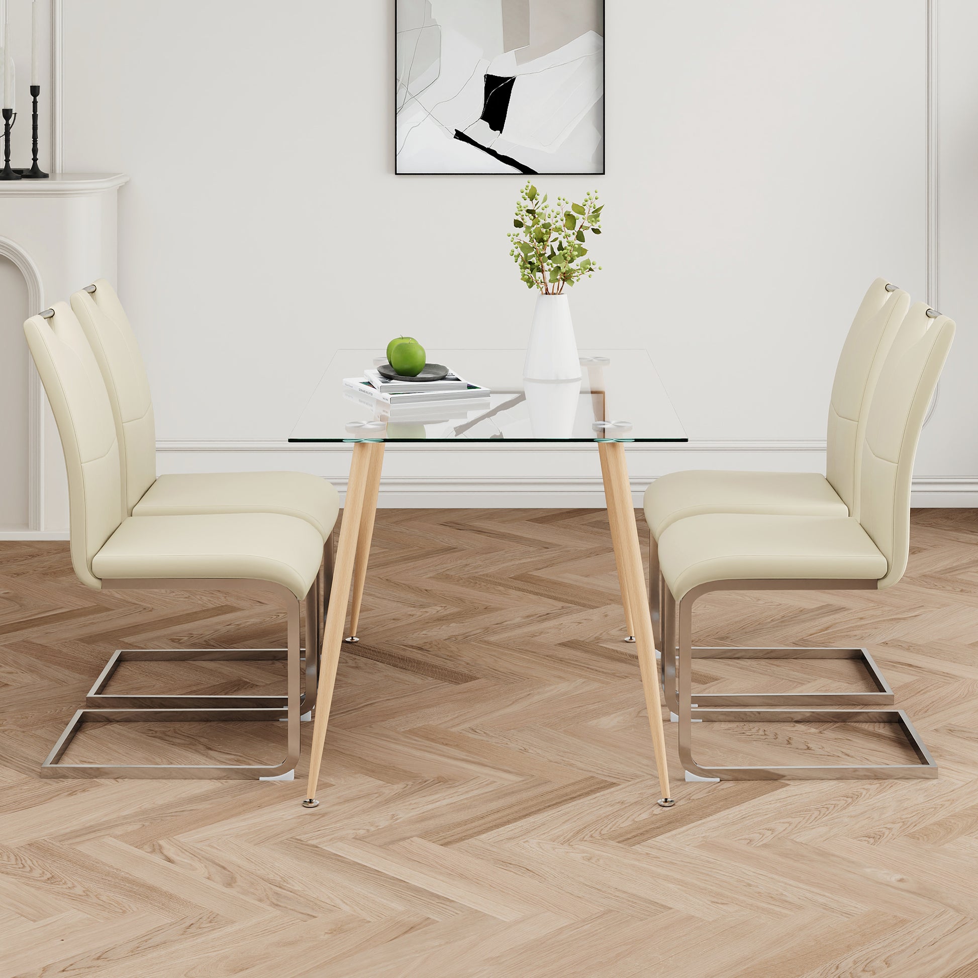 Modern Simple Rectangular Glass Dining Table, Solid Tempered Glass Countertop, Wood Transfer Metal Table Legs, Light Yellow Pu Dining Chair Set, Suitable For Restaurant Kitchen Use Set Of 5 Upholstered Chair Glass Light Yellow Seats 4 Metal Rectangular
