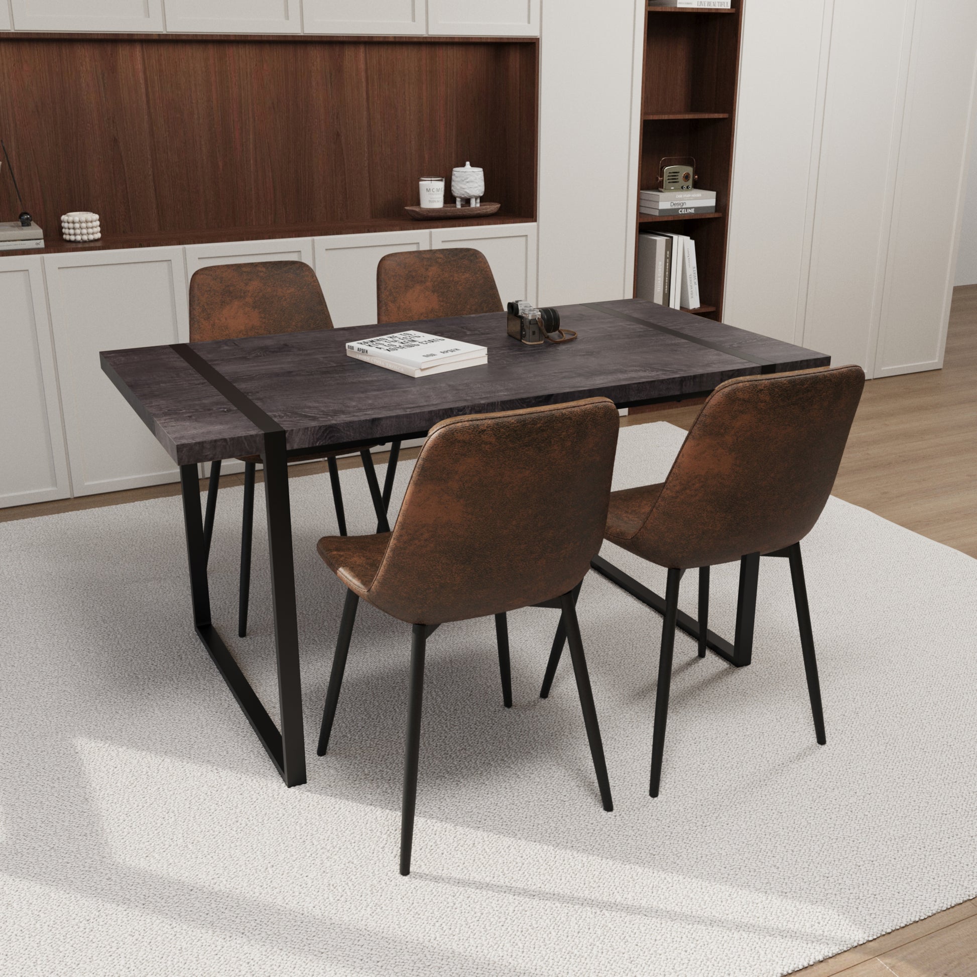Mdf Black Wooden Dining Table And Modern Dining Chair 4 Piece Set, Medieval Wooden Kitchen Dining Table Set, Rectangular Metal Base, Dining Table And Suede Chair Black Brown Mdf