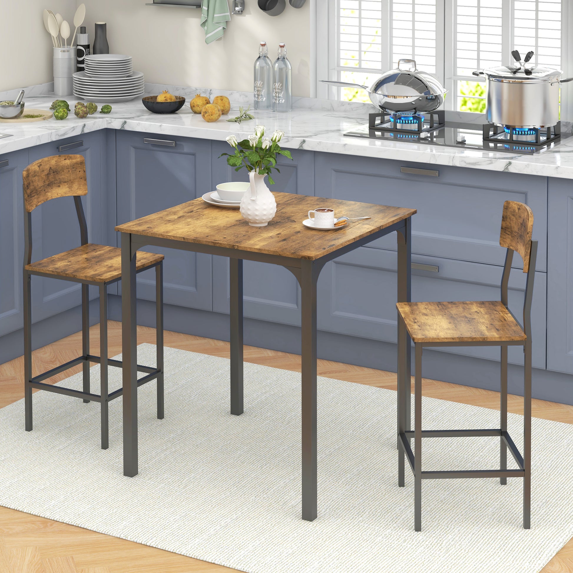 Homcom 3 Piece Counter Height Bar Table And Chairs Set, Industrial Small Dining Table Set For 2, Square Kitchen Table And Stools With Steel Frame, Rustic Brown And Black Brown Black Steel