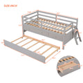 Low Loft Bed Twin Size With Full Safety Fence, Climbing Ladder, Storage Drawers And Trundle Gray Solid Wood Bed Gray Solid Wood