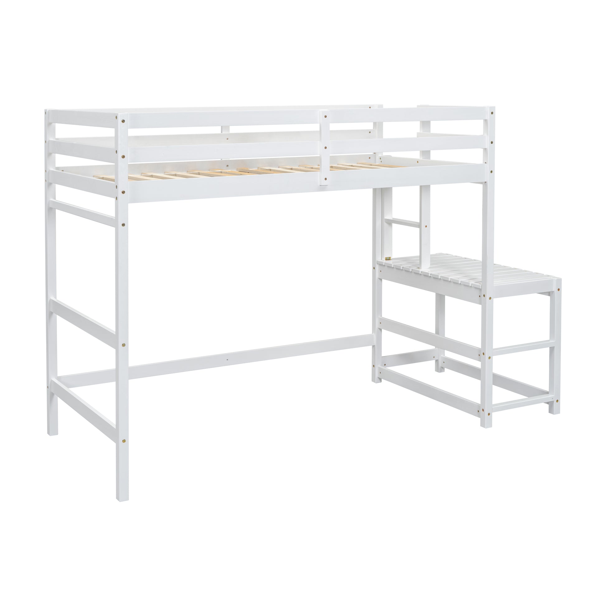 Twin Size High Loft Bed With Ladder Landing Platform, Ladders, Guardrails,White Twin White Wood Bedroom American Design Pine Bed Frame Pine