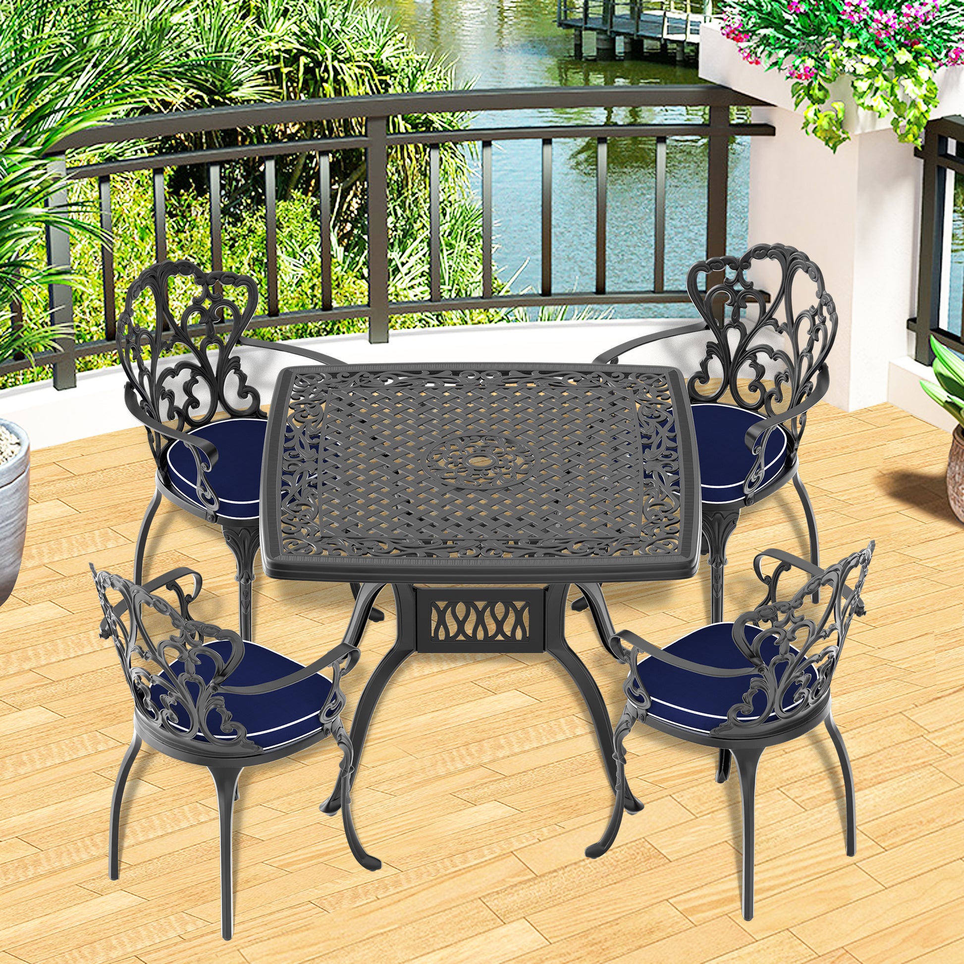 Cushions In Random Colors 5 Piece Set Of Cast Aluminum Patio Furniture With Cushions Yes Dining Set Black Seats 4 Rust Resistant Frame Water Resistant Cushion Garden & Outdoor Complete Patio Sets Aluminium