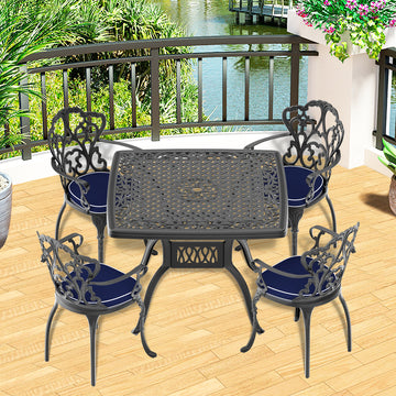 Cushions In Random Colors 5 Piece Set Of Cast Aluminum Patio Furniture With Cushions Yes Dining Set Black Seats 4 Rust Resistant Frame Water Resistant Cushion Garden & Outdoor Complete Patio Sets Aluminium