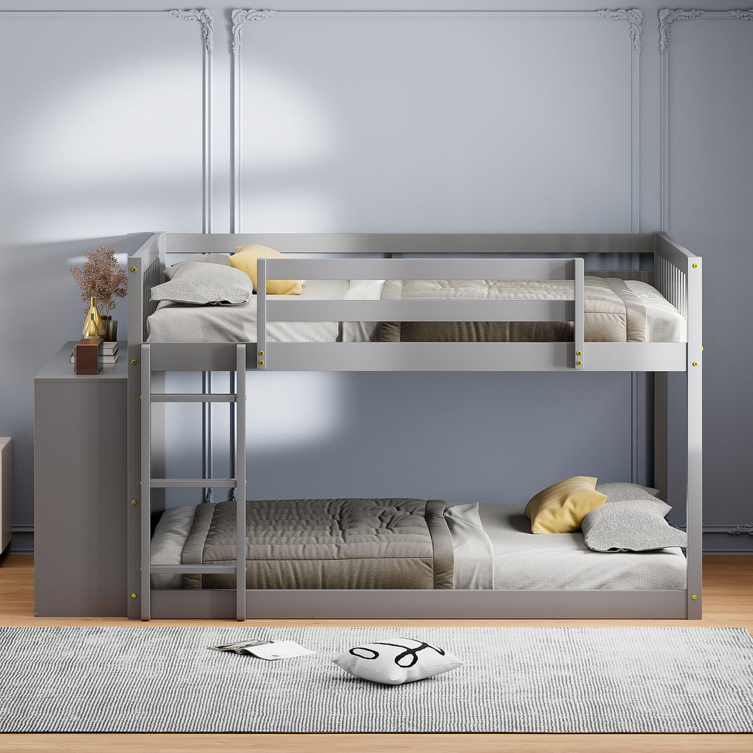 Full Over Full Bunk Bed With 4 Drawers And 3 Shelves Gray Full Gray Solid Wood