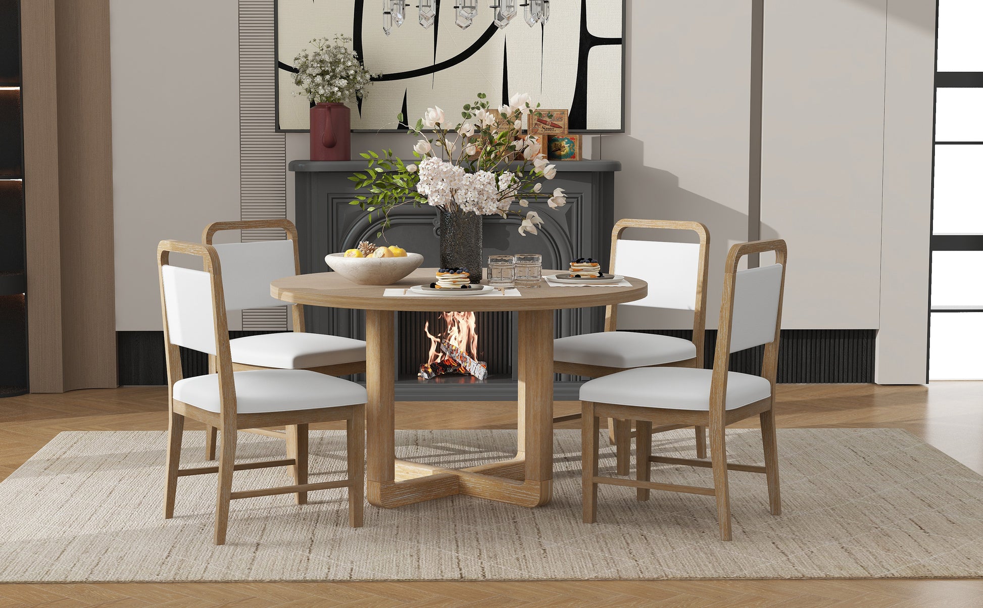 5 Piece Retro Dining Set, Round Table Top With Radial Wood Grain Design And 4 Upholstered Chairs For Dining Room And Kitchen Natural Wood Wash Natural Wood Wash Solid Wood Mdf