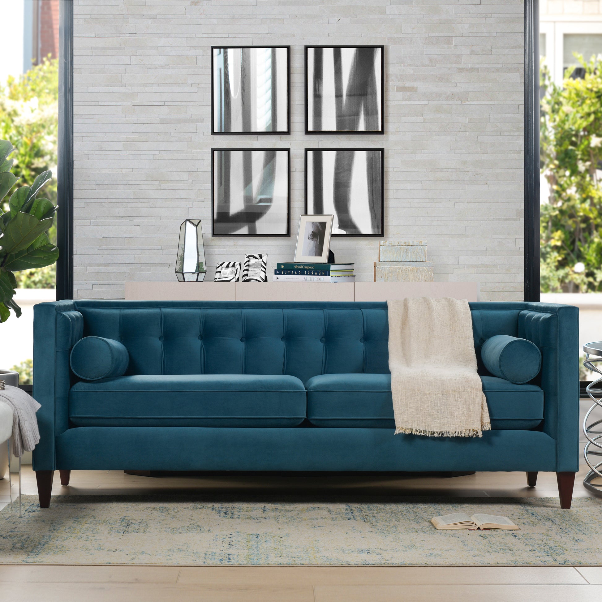 Jack 84" Modern Tuxedo Tufted Sofa, Satin Teal Blue Velvet Blue Foam Velvet 3 Seat