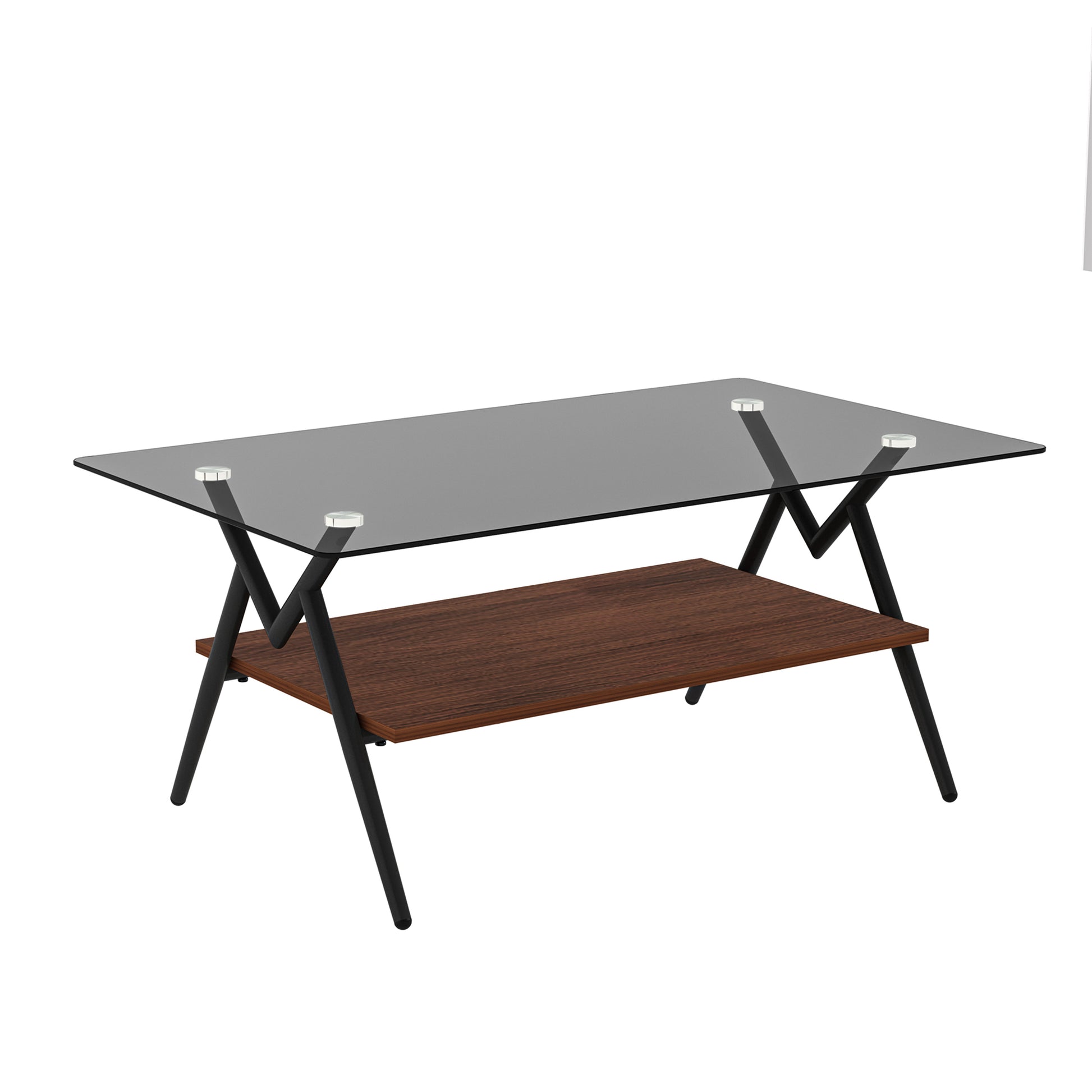 Rectangle Coffee Table With Tempered Glass Top And Brown Mdf Shelf, Modern Table For Living Room, Gray Glass Gray Tempered Glass