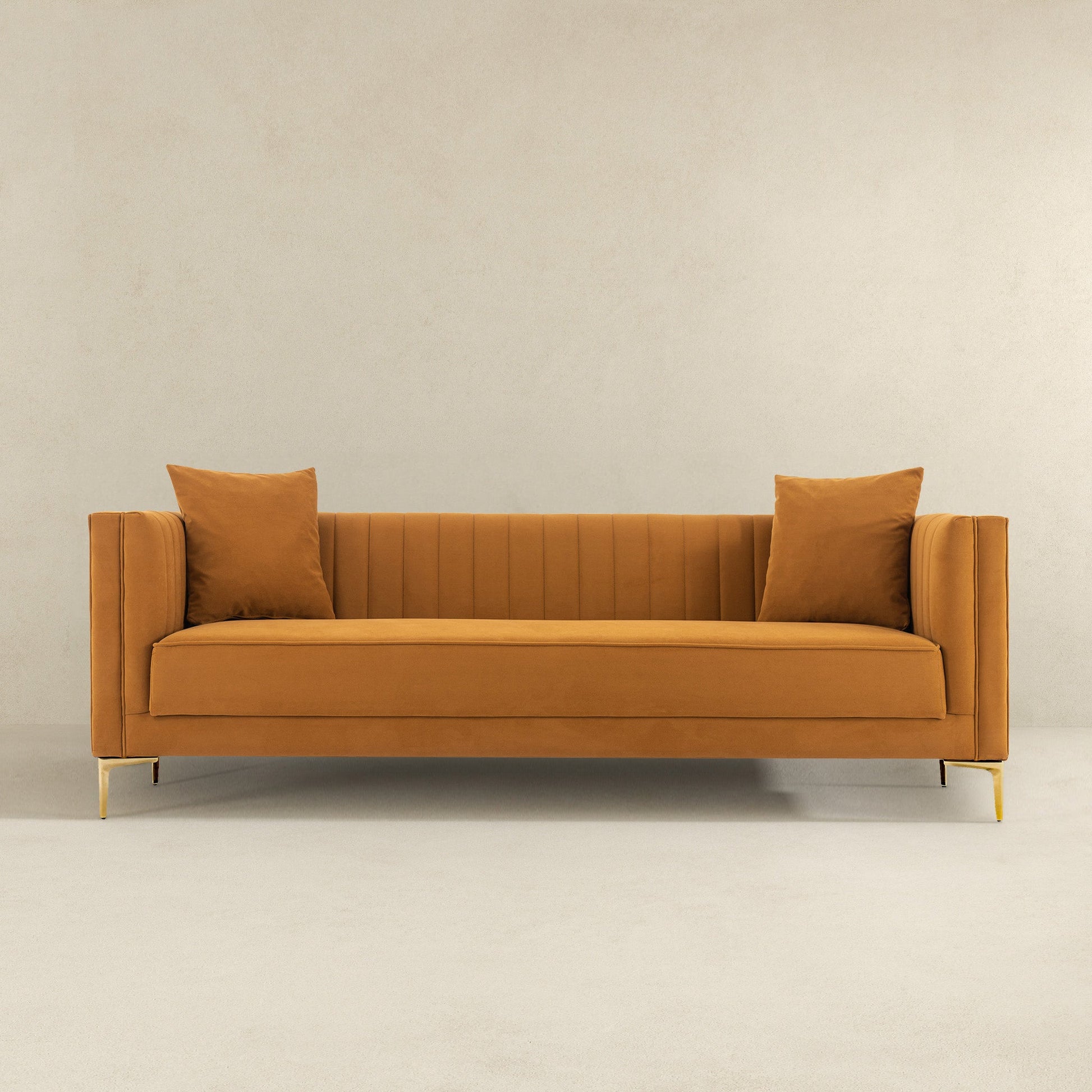 Angelina Sofa 91" Cognac Velvet Cognac,Gold,Rustic,Tan Velvet Mid Century Modern Foam Metal,Velvet 4 Seat