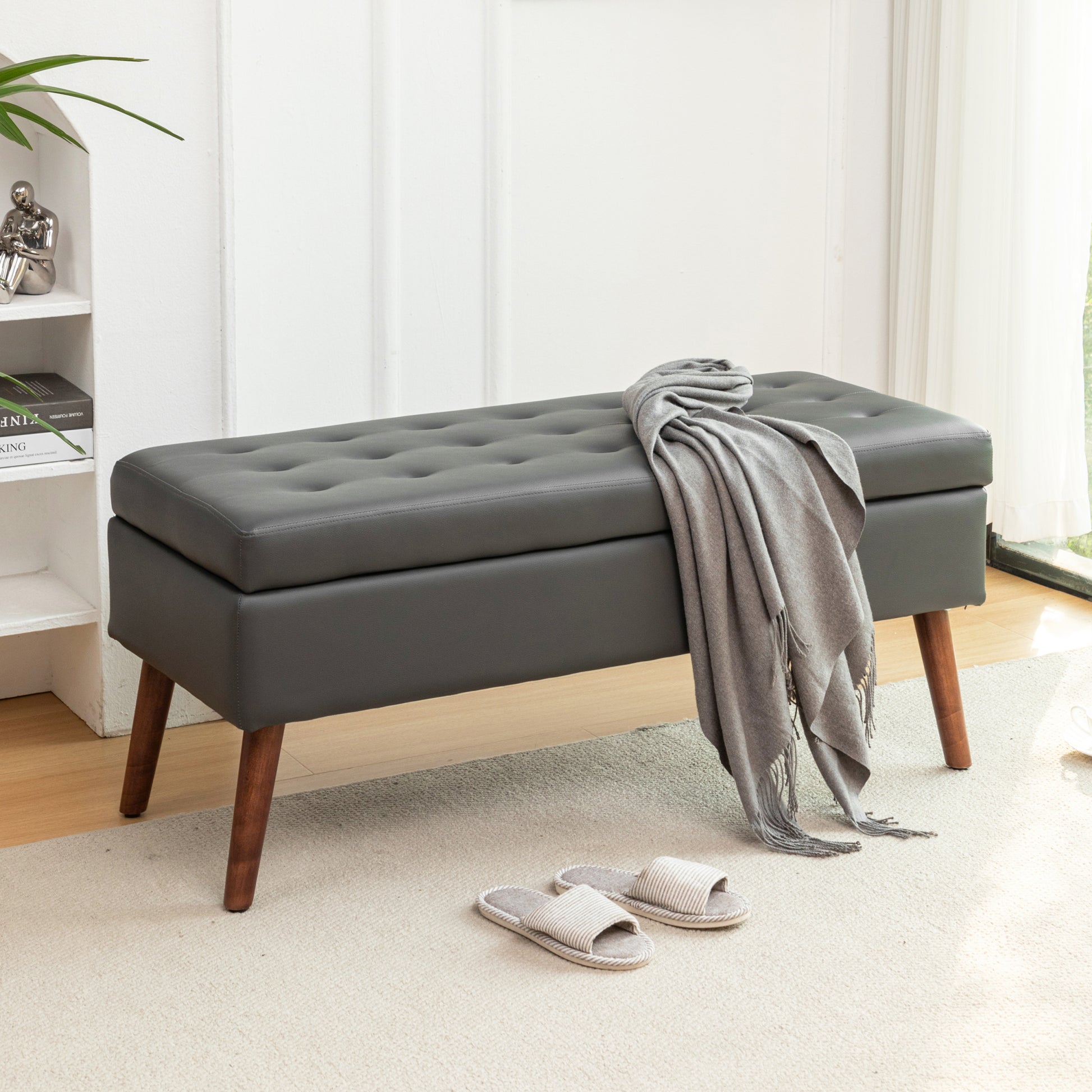 Storage Bench With Storage Bench For Bedroom End Of Bed Bench Foot Of Bed Bench Entryway Bench Storage Ottoman Bench 43.3" W X 17.7" Dark Grey Leather Bench Dark Grey Pu Leather