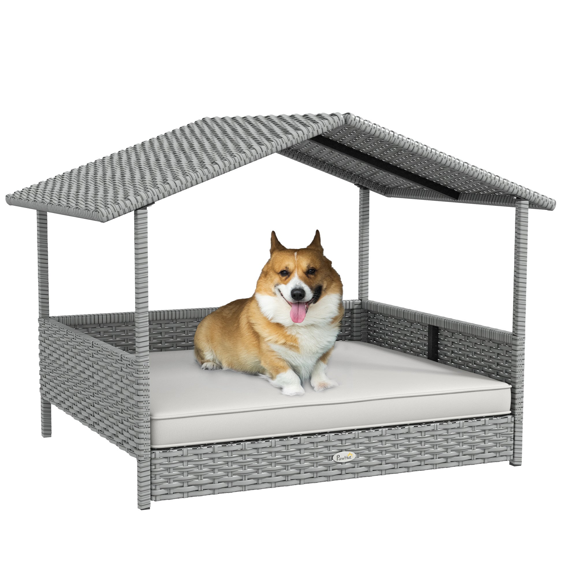 Pawhut Wicker Dog House Outdoor With Canopy, Rattan Dog Bed With Water Resistant Cushion, For Small And Medium Dogs, Cream White White Rattan