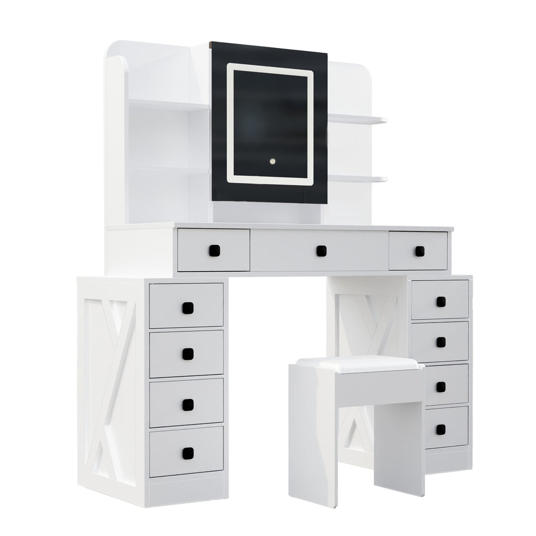 Farmhouse Vanity Desk With Sliding Mirror,Lights And Charging Station,Makeup Table Desk With Dimmable Led Light,Vanity Makeup Table With Sponge Soft Stool,White Brown Finish White Drawer 5 Drawers &