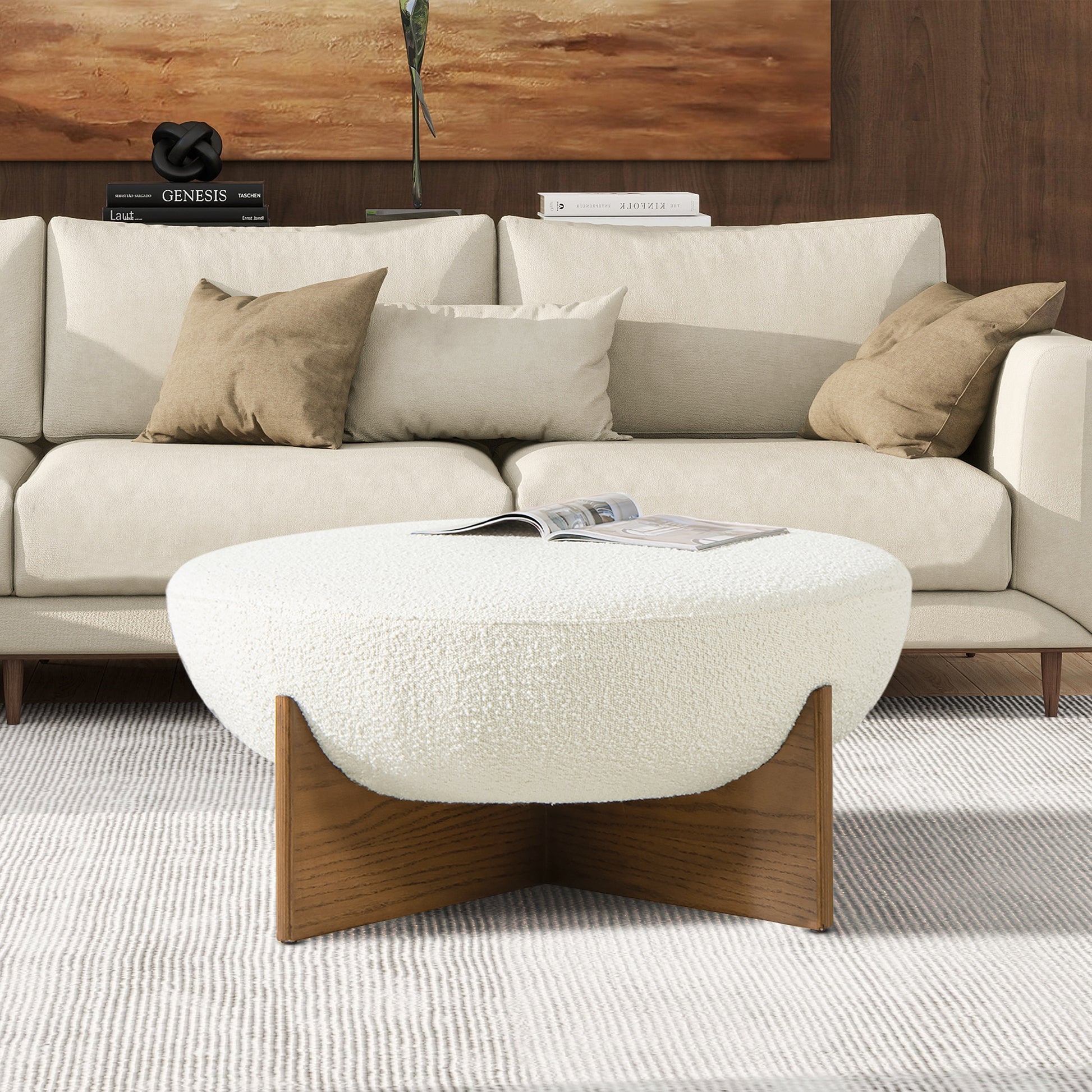 Bali 37" Round Upholstered Cocktail Ottoman With Natural Wood Base, Ivory White Boucle White Foam Boucle