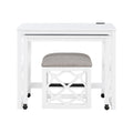 Desks And Stool Set 3Pc White Finish Rolling Desk With Casters, 2 Charging Ports Home Office Furniture White Computer Desk Primary Living Space Contemporary Desk Rectangular Wood