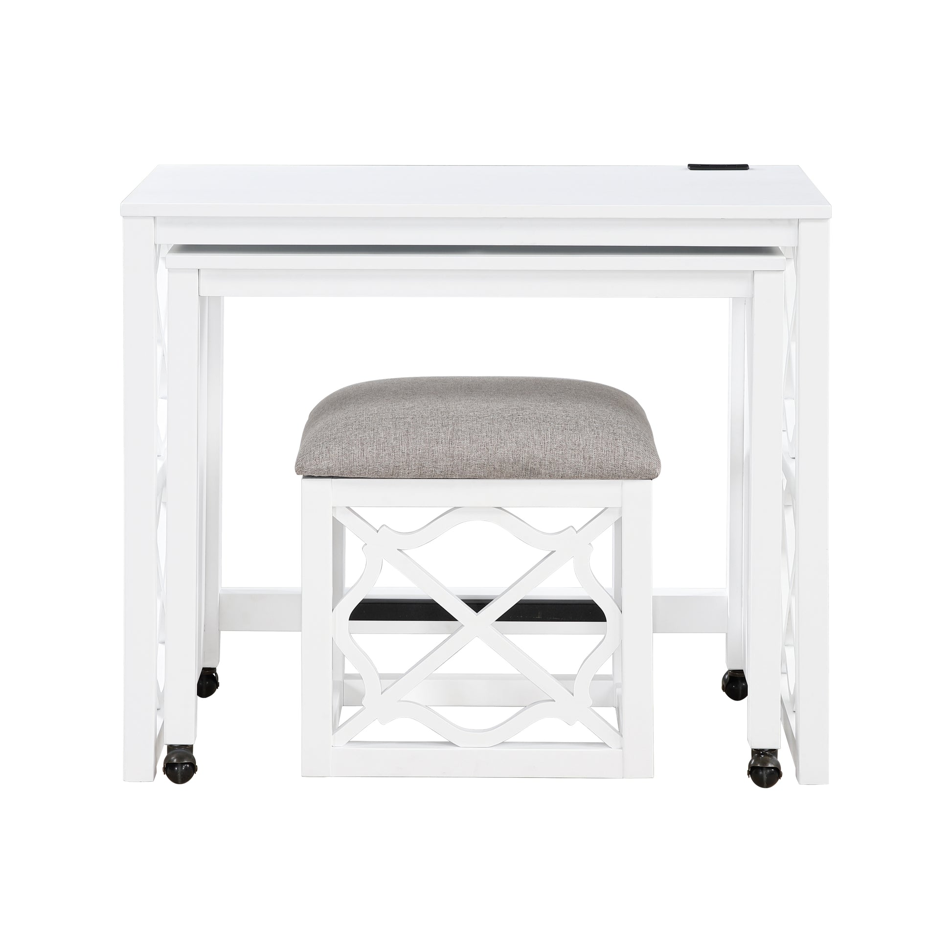 Desks And Stool Set 3Pc White Finish Rolling Desk With Casters, 2 Charging Ports Home Office Furniture White Computer Desk Primary Living Space Contemporary Desk Rectangular Wood