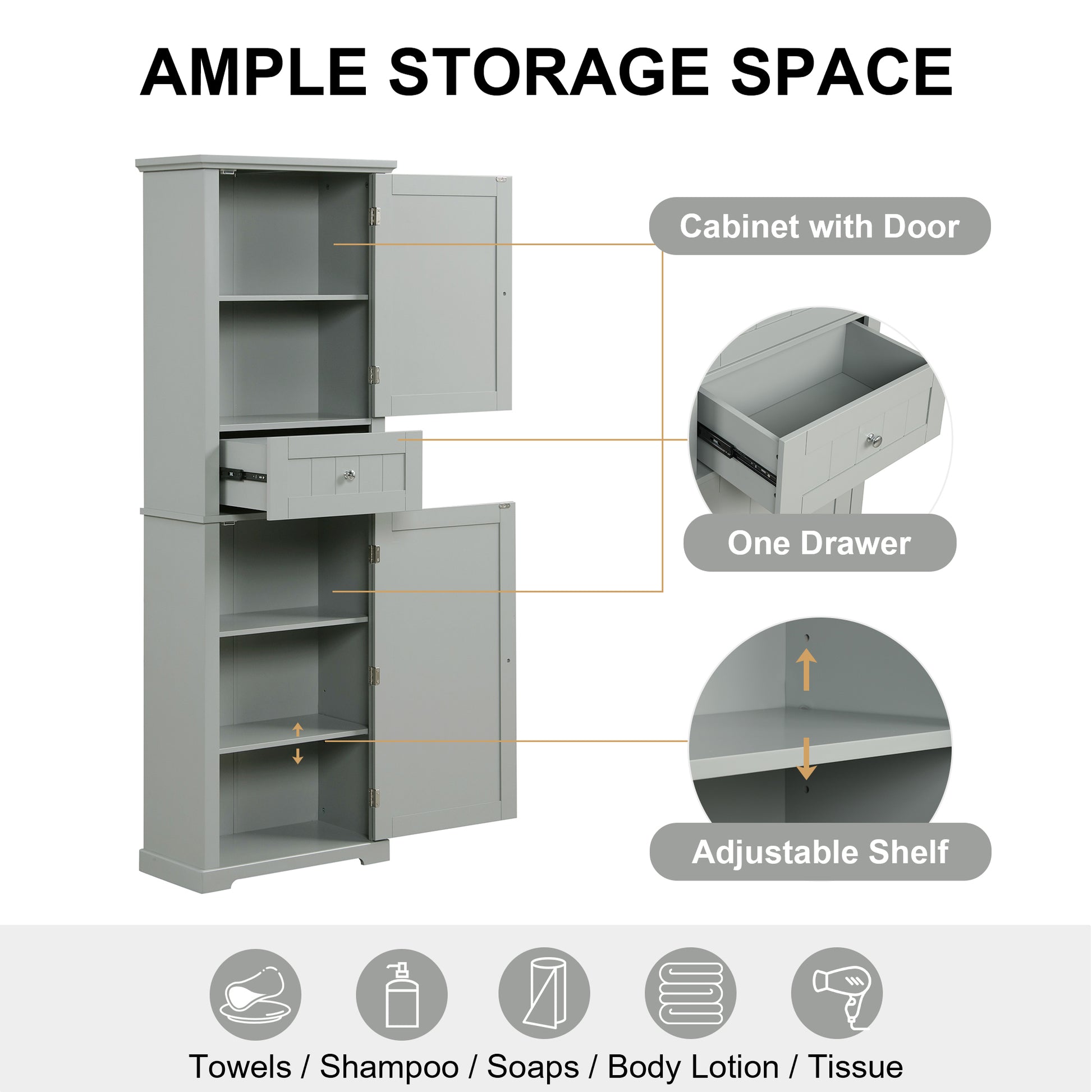 Tall Bathroom Storage Cabinet, Freestanding Storage Cabinet With Drawer And Adjustable Shelf, Mdf Board With Painted Finish, Grey Old Sku:Wf312727Aae Grey Mdf