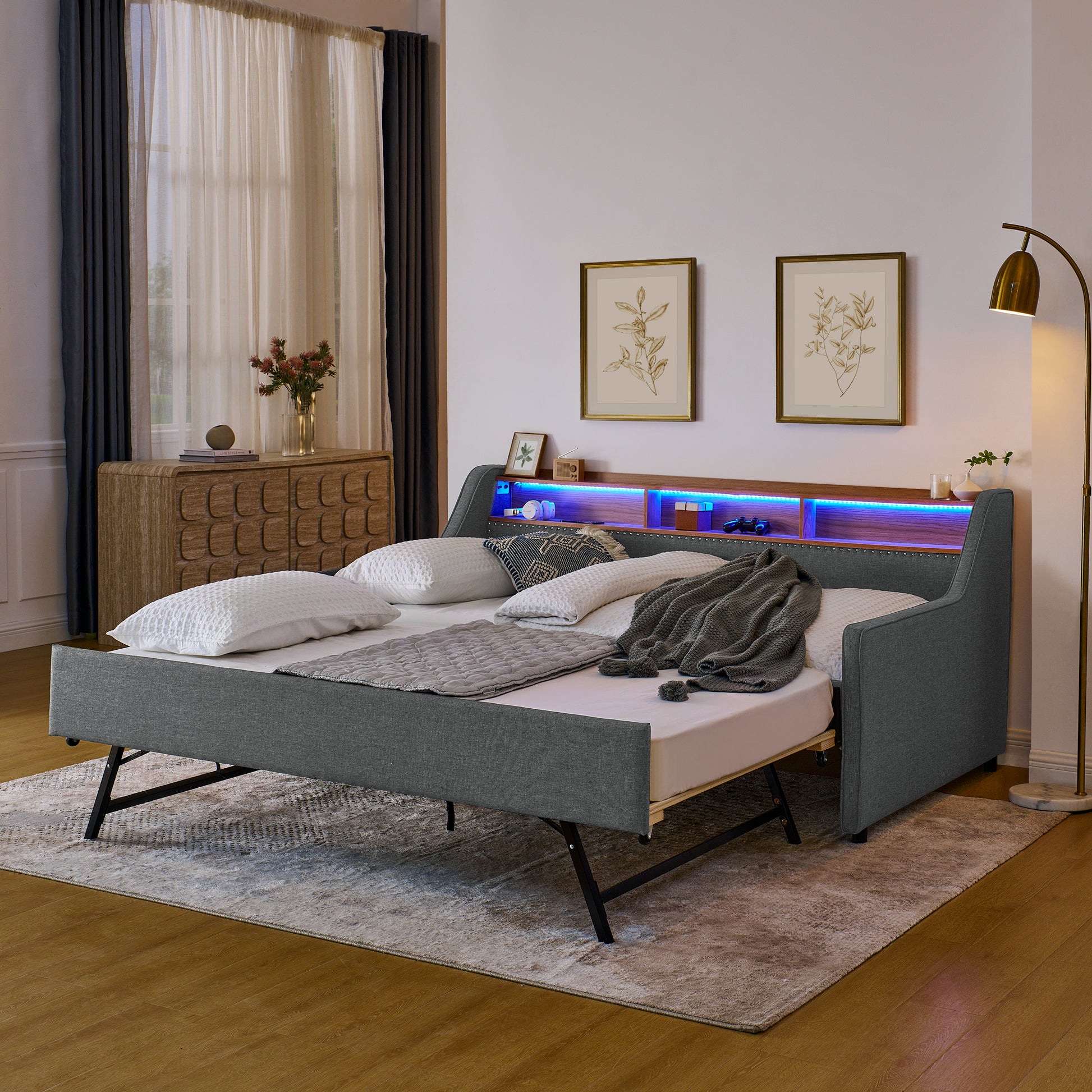 Twin Size Upholstery Sofa Bed With Three Led Lights, With Storage Adjustable Headboard, With Foldable Leg Pull Up Trundle Bed And Wireless Charging, Linen Padded Sofa Bed Frame, Grey Box Spring Not Required Twin Grey Composite Bedroom Classic Eucalyptus