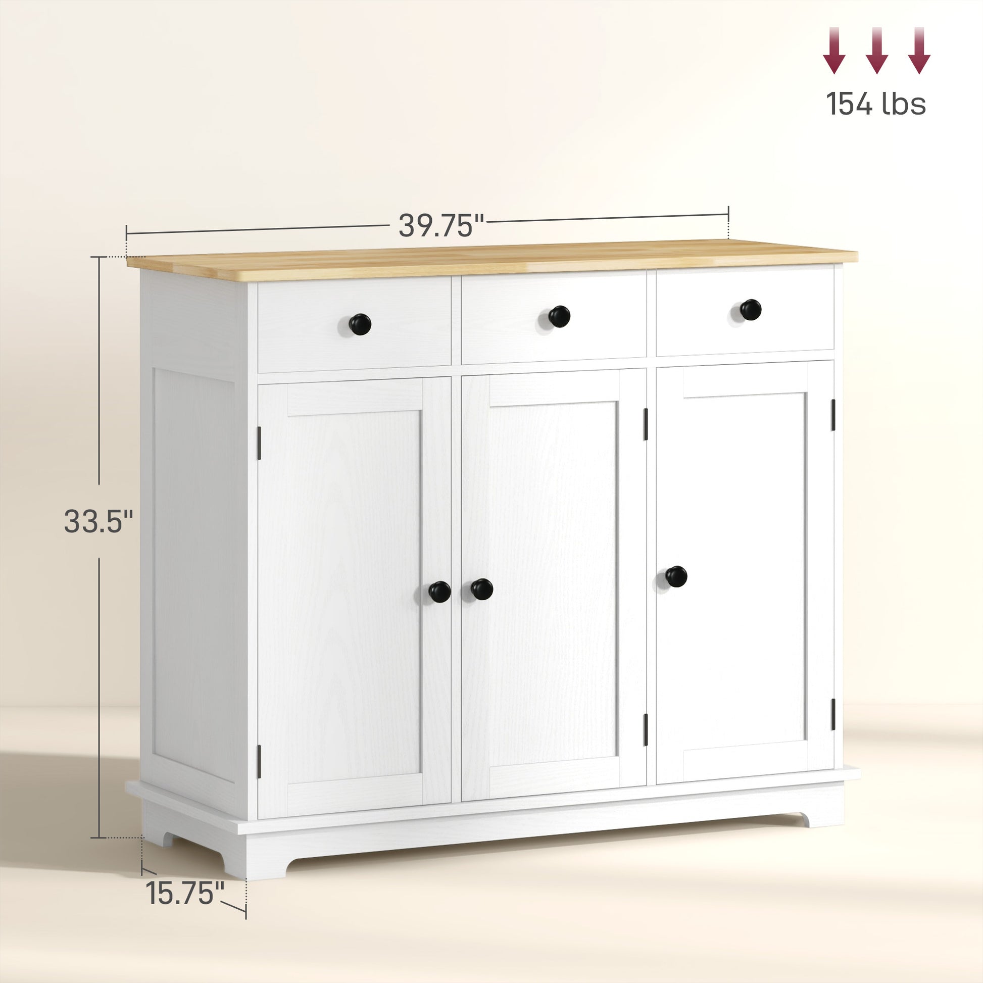 Homcom Sideboard With Solid Wood Countertop, Modern Kitchen Storage Cabinet, Coffee Bar Cabinet With 3 Drawers, Doors And Adjustable Shelf, Distressed White White Wood