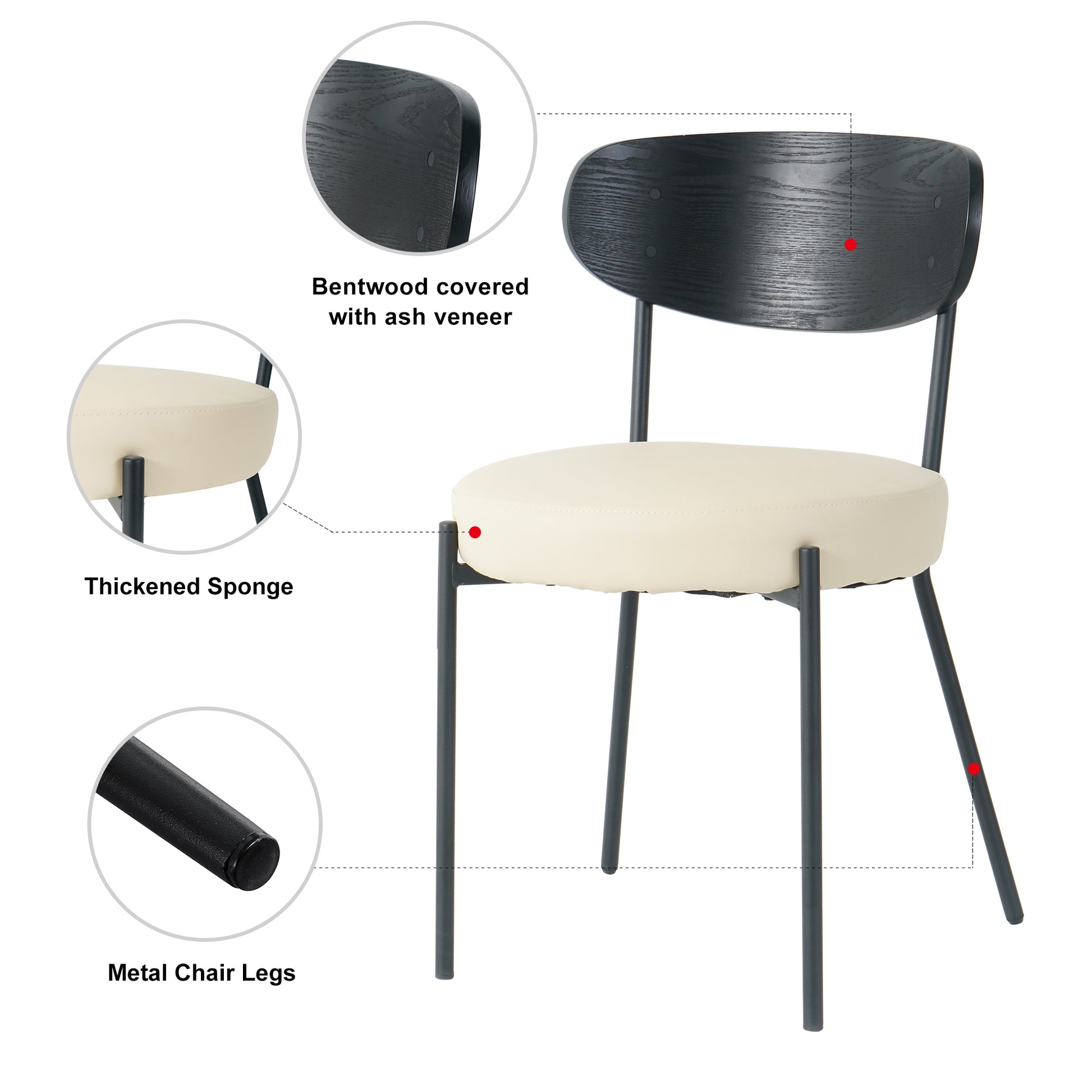 Modern Grey Simple Pu Dining Chair Upholstered Chair Family Bedroom Stool Back Dressing, Black Round Table Set, Bentwood Covered With Ash Veneer Chair Back, Chair Black Metal Legs Set Of 5 Black Mdf