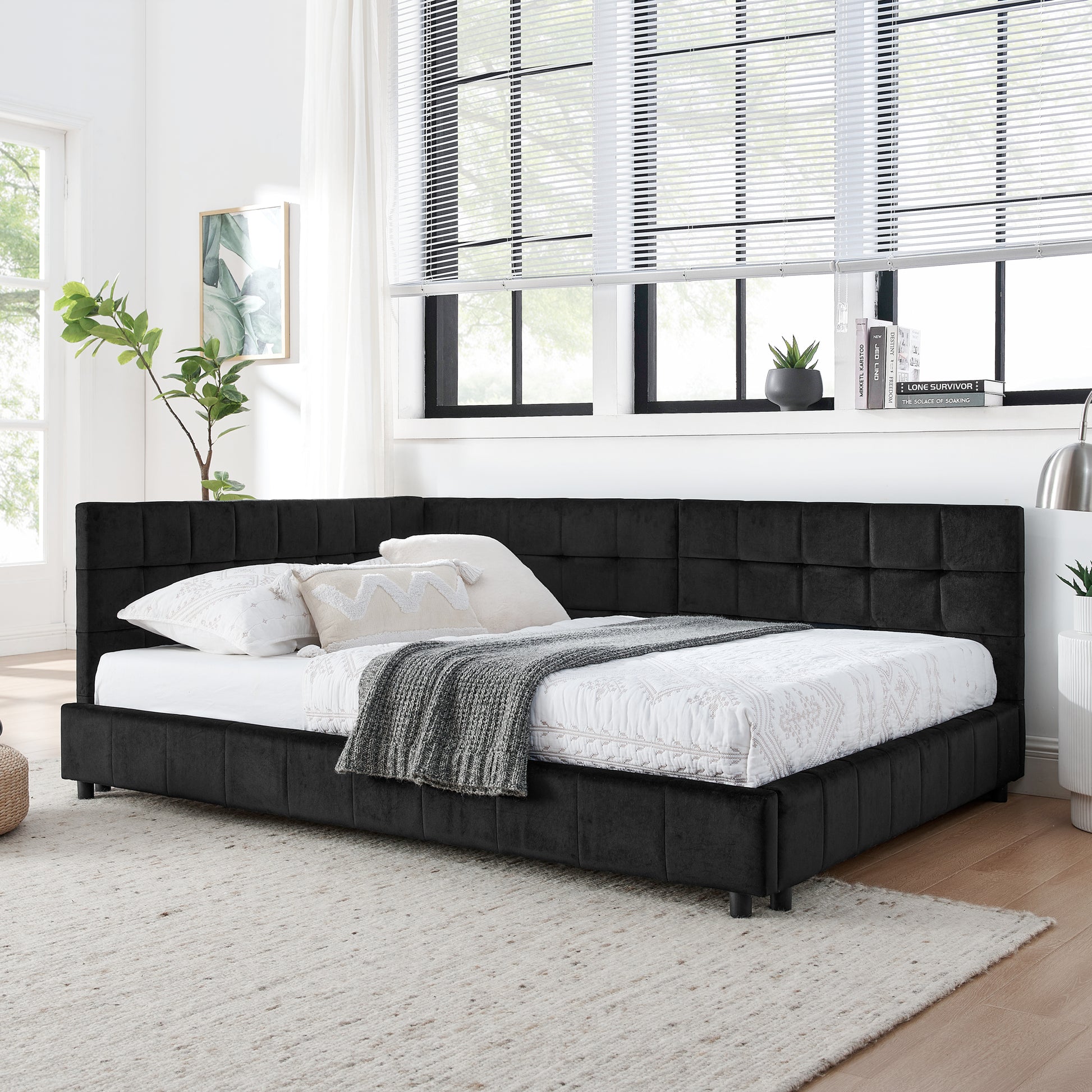 Full Size Upholstered Tufted Bed Frame, Sofa Bed Frame With Comfortable Backrest And Armrests, Full Size Bed For Bedroom, Living Room,Velvet, Black 80.5''*59''*30.5'' Box Spring Not Required Full