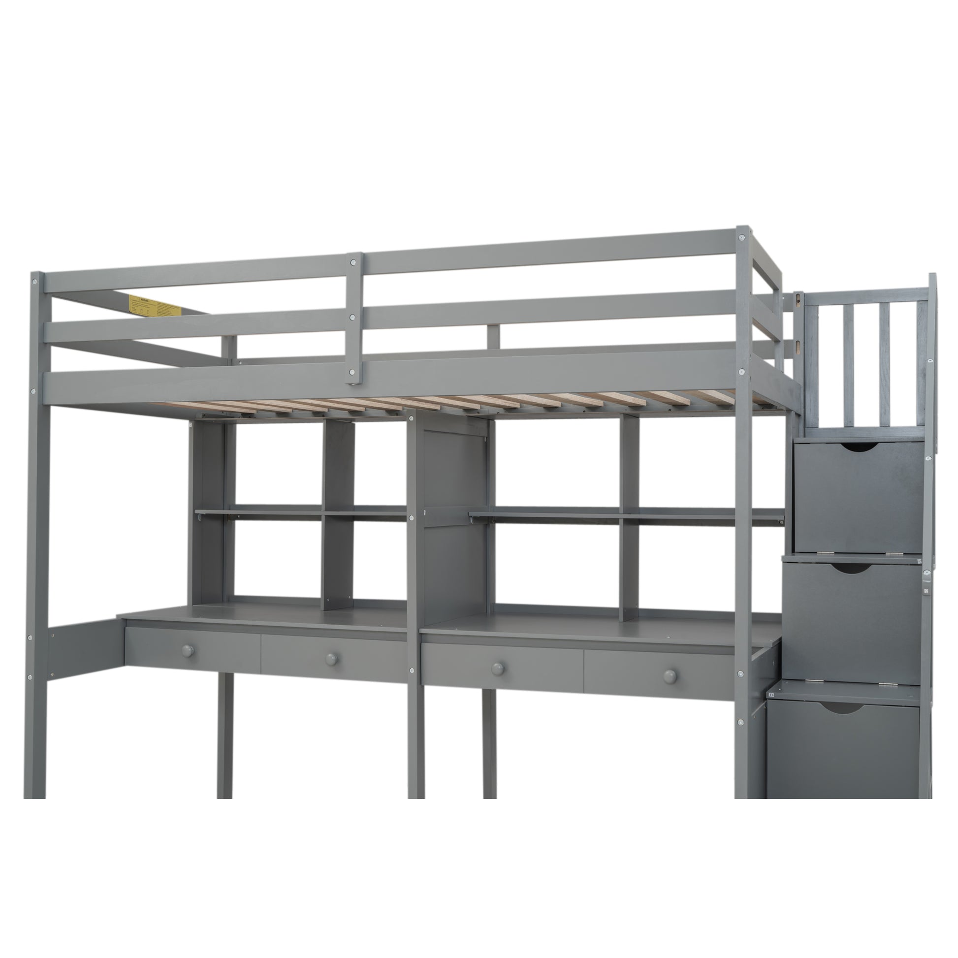 Twin Size Loft Bed Frame With Storage Staircase And Double Desks And Shelves,Gray Twin Gray Solid Wood Mdf